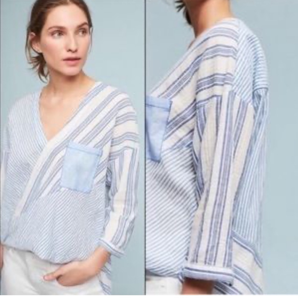 Holding Horses, anthropology, striped white blue wrap top, cotton S high low